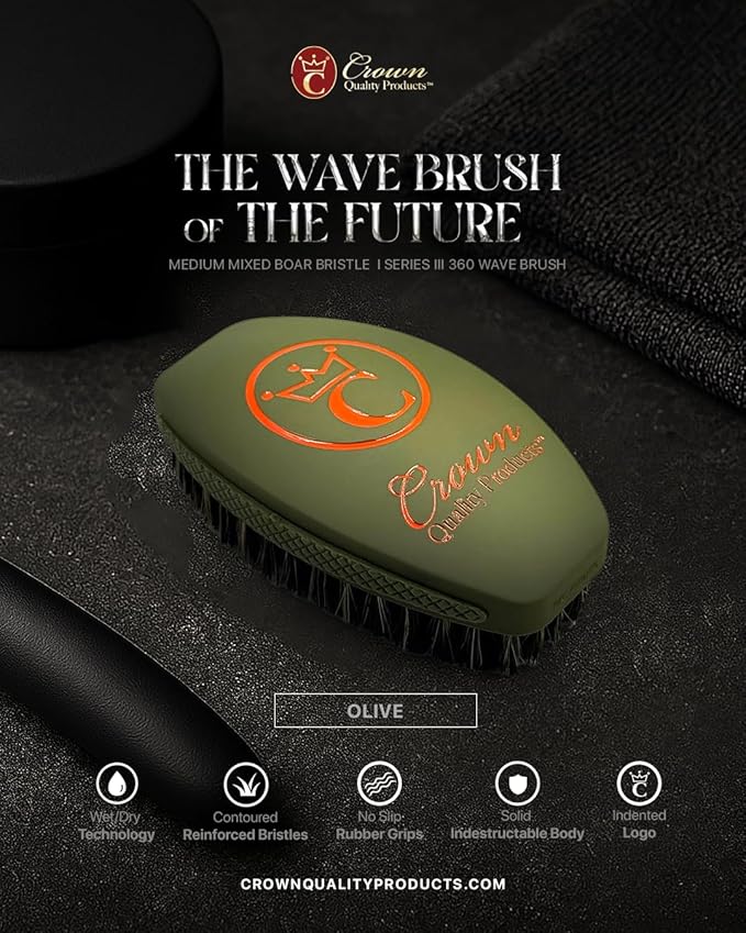 NEW OLIVE MEDIUM Crown Quality Products Curved 360 Wave Caesar 2.0 Mixed Boar Bristle Hairbrush - Non-Slip Grip, Waterproof, Debossed Logo, Indestructible Body - The Ultimate 360 Wave Brush