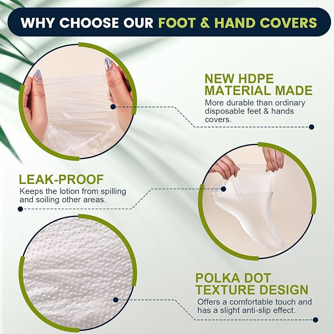 TEAWOO 200PCS Disposable Hand & Foot Mask Set, 100P Hand Masks + 100P Foot Masks with Stickers, Leak-Proof Moisturizing Covers for Paraffin Therapy & at-Home Skin Care (Feet Fit up to US 13)