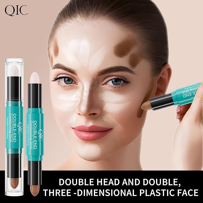 2-in-1 Contour & Highlighter Stick - Dual-Ended, Waterproof, Long-Lasting, for All Skin Tones (03# Nature colour + Light coffee)