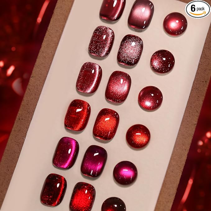 Born Pretty Christmas Red Cat Magnetic Eye Gel Nail Polish Set,6 Colors Burgundy Dark Cherry Red Glitter Shimmer Magnetic Gel Polish Kit Fall Winter Soak Off U V Nail Polish DIY Art for Women 7ML