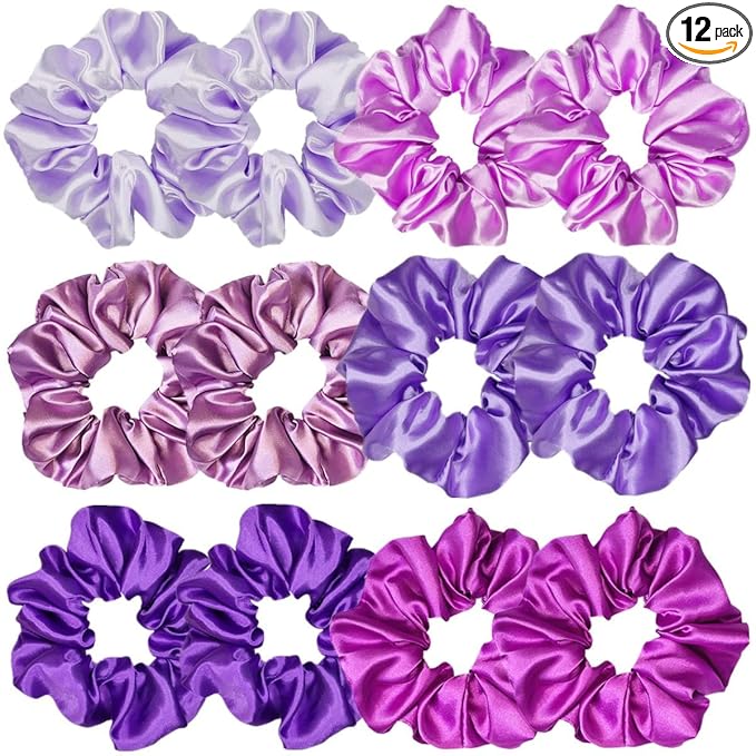 12 Pcs Satin Silk Scrunchies Soft Hair Ties Fashion Bands Bows Hair Ropes Elastic Bracelet Ponytail Holders Hair Accessories for Women and Girls (4.5 Inch, Assorted Purple)