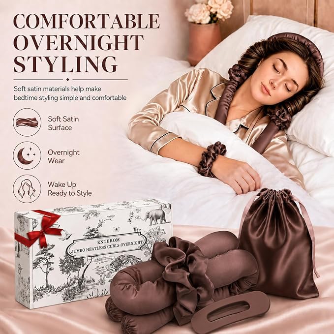 EnteromMuse Jumbo Heatless Curls Overnight Heatless Hair Curler Oversized Heatless Curling Rod, No Heat Damage Hair Curler for Voluminous Curls, Rollers & Curls Set with Satin Fabric(Brown, Jumbo)