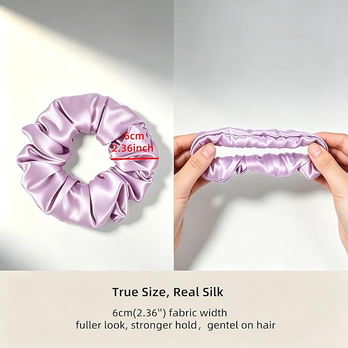 ZLYC 100% Mulberry Silk Hair Tie Scrunchie 19 Momme Gentle Creaseless Dent-Free Ponytail Holder for Women, 6cm Solid Light Purple