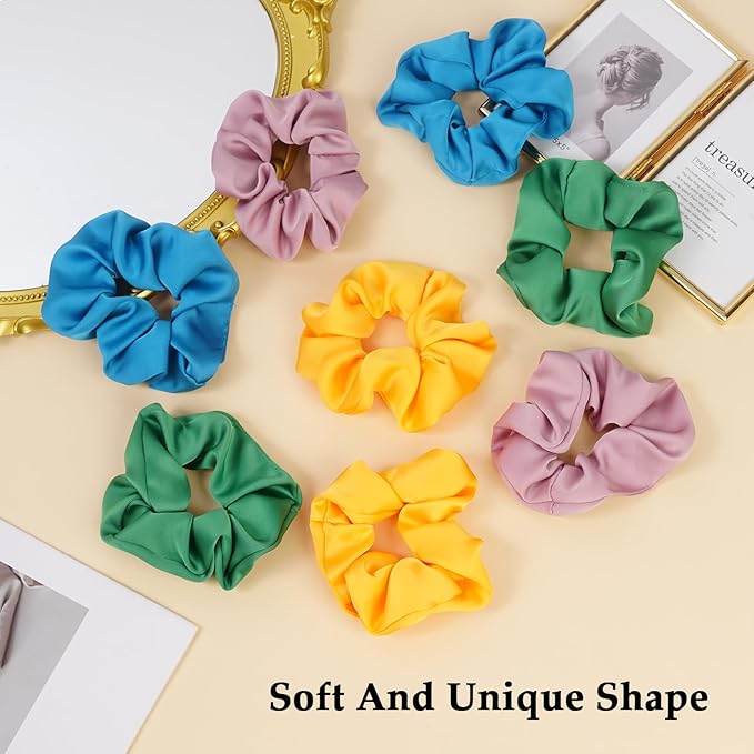 Satin Scrunchies for Women – 8PCS Dopamine Bright Silk Hair Ties – No Crease, Frizz-Free, Vibrant & Energetic Hair Bands for Thick & Thin Hair, Bold Hair Accessories Gifts