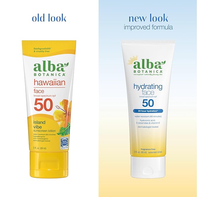 Alba Botanica Hydrating Face Sunscreen Lotion, SPF 50 Broad Spectrum Protection, 24 Hour Hydration, Water Resistant (40 minutes), Fragrance Free, Oxybenzone-Free, 3 Fl. Oz