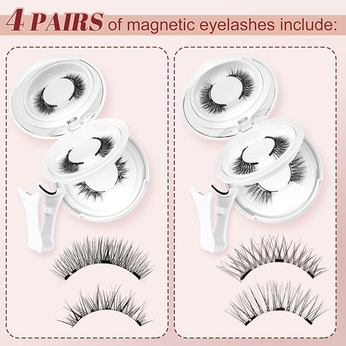 Higu clace Magnetic-Eyelashes with Applicator 4 Pairs Magnetic-Lashes Natural Look Wispy Magnet Lashes Easy to Wear and Remove（DJCX-A03)