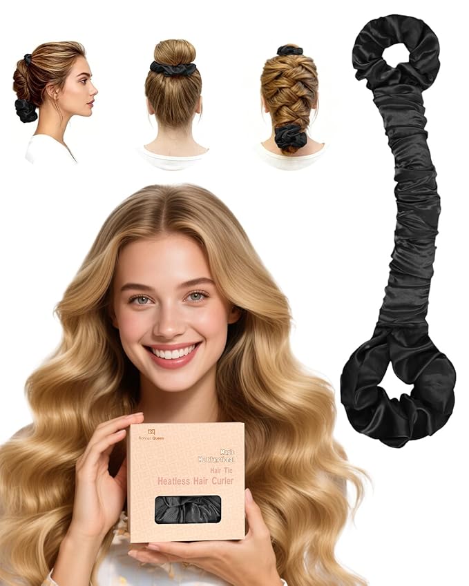 BONNET QUEEN Multi-function Satin Heatless Hair Curler & Hair Tie Non-Heating Hair Roller Curling Rod with Scrunchie, Large, Black(For Big Curls)