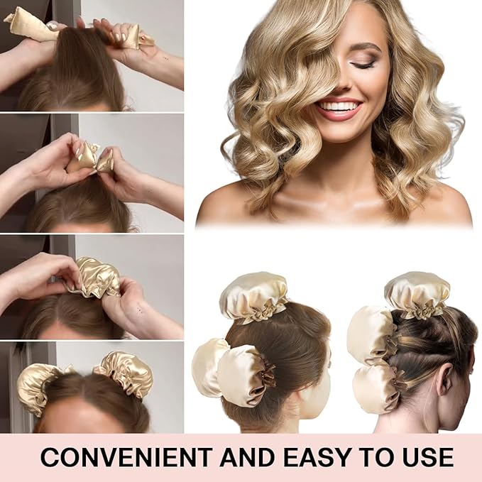 3Sets/6PCS Ariuvor New Satin Heatless Hair Curler,Hair Rollers for Heatless Curls with Hair Caps,Soft Heatless Curling Rod Headband for All Hair Types,No Heat Curling to Sleep in Overnight (2-beige)