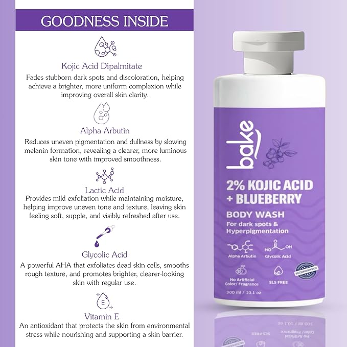 BAKE 2% Kojic Acid Body Wash for Pigmentation & Tan Removal with Glycolic Acid & Alpha Arbutin | For Dark Knees & Elbows | Dark Spots & Sun Damage | 250ml