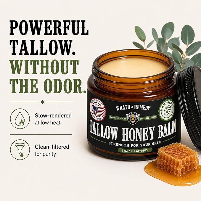 Organic Beef Tallow for Skin - 2OZ (Eucalyptus, Concentrated) — US-Made Grass Fed Tallow and Honey Balm Moisturizer for Face, Hands & Body — Intensive Care for Dry Sensitive Skin, Eczema(No Additives)