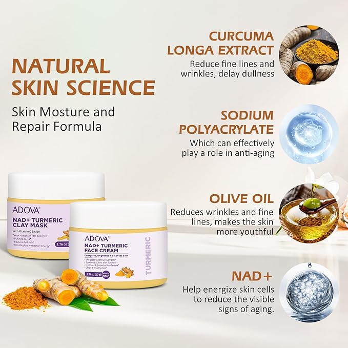 2-Pack All-Natural Turmeric Skin Cream & Nad+ Turmeric Clay Mask, Cleanses Skin, facial Repairand Moisturizing, Lighten Dark Spots, Evens Skin Tone & Anti-Aging