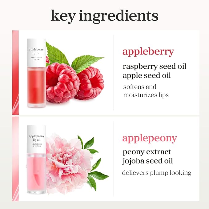 NOONI Korean Lip Oil Set - Appleberry & Applepeony - Long-Lasting, Moisturizing, Revitalizing - Waterproof, No Peel Off, Stocking Stuffers (3EA, 0.12 fl oz)