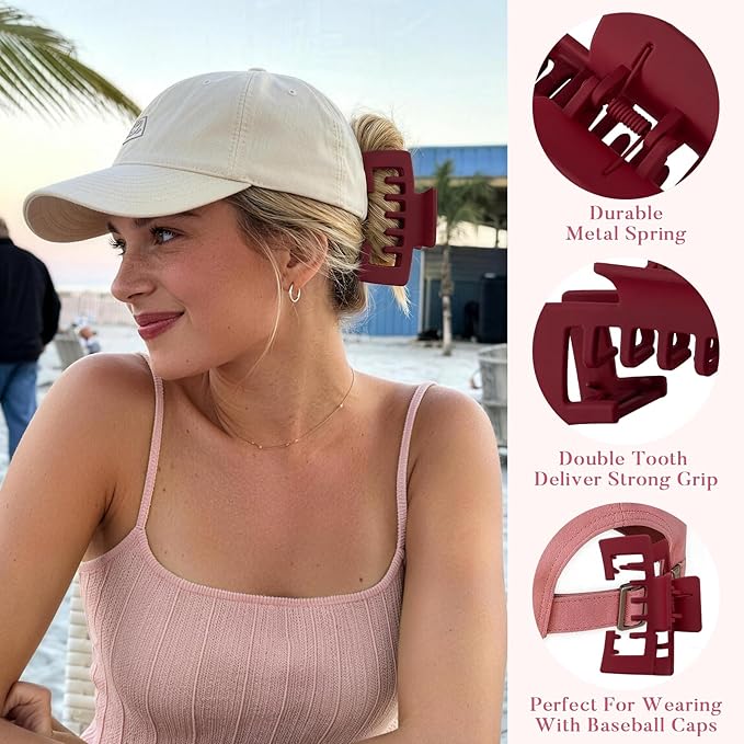 6 Pcs Hat Claw Clip for Women, Hat-Friendly Claw Clips for Baseball Cap & Trucker Hat - 4.1 Inch Large Hat Claw Clip for Medium/Thick Hair, Non-Slip Baseball Hair Clips for Hats Hairstyle, Pink