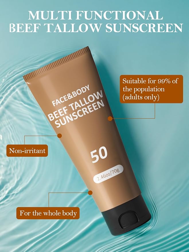 Beef Tallow Sunscreen for Face, Natural Reef Safe Sunblock for Face Body, Non Greasy Clean Travel Sun Screen Sunblock for Sunmmer Beach Outdoor Travel, 2.46 OZ