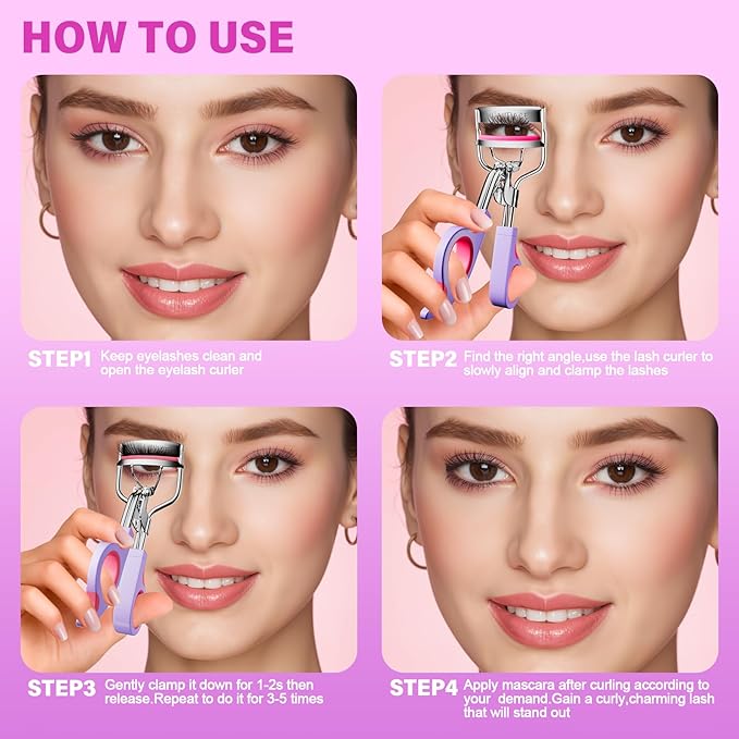 Eye Lash Curler with 6PCS Extra Replacement Pads, Superior Curling Effect Eyelash Curlers, Easy & Comfortable to Grip and Use, Perfect Gift for Her, Teenagers, Beauty Enthusiasts -Silver Purple Red