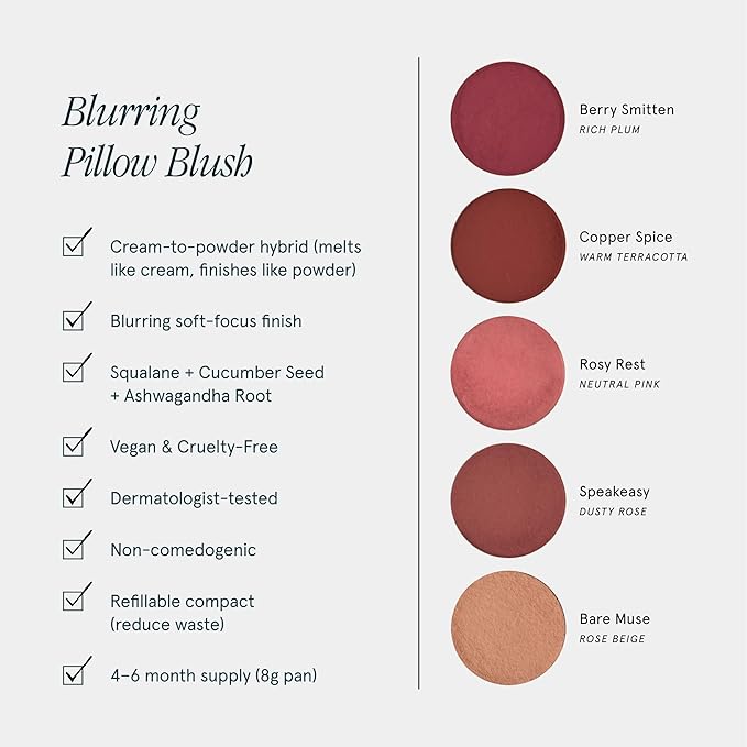 SOSHE Beauty - Blurring Pillow Blush | Featherlight, Cushiony, Cream to Powder Formula | Squalane, Cucumber Seed Extract, Ashwagandha Root | Vegan, Clean, Cruelty-Free (Rosy Rest, Dusty Pink)