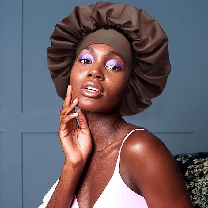 AWAYTR Satin Bonnet for Women, 2-Layer Large Sleep Cap with Adjustable Drawstring, Brown Includes 3 Hair Scrunchies