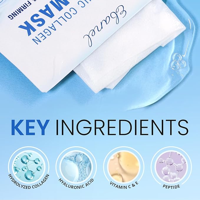 Ebanel 10 Pack Collagen Face Mask with Hyaluronic Acid, Vitamin C, Peptide, Aloe, Instant Brightening Hydrating Face Masks Skincare Korean Sheet Mask, Skin Firming, Lifting Anti Aging Facial Masks