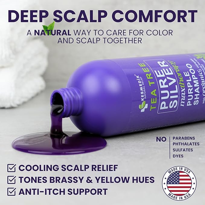 KESMEDIK Tea Tree Purple Shampoo with Rosemary & Aloe, Professional Anti Brass Toner, Removes Yellow Tones for Gray, Bleached, White & Blonde Hair, Nourishes & Refreshes Scalp, Sulfate-Free, 16 fl oz