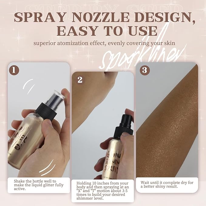 Body Glitter Spray, Body Shimmer Spray Quick Drying Body Glow Shimmer Long-Lasting Shiny Glitter for Women Men for Party, Concert 2.6 Fl Oz. (Light Copper)