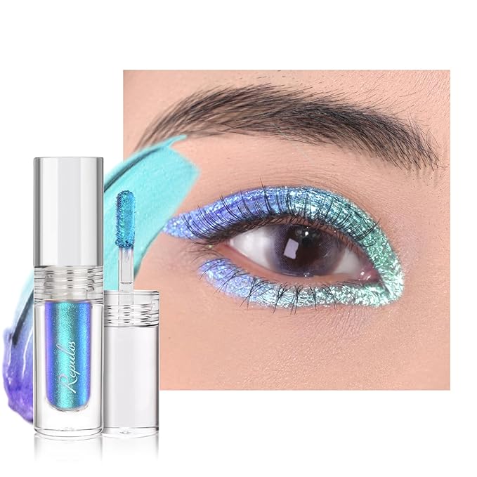Multichrome Blue Glitter Eyeshadow Liquid Eye Shadow - Lightweight Waterproof Formula, Long Wearing, Vegan & Quick Drying, Iridescent makeup for Rave#04