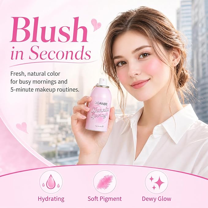 UCANBE Blush Spray with Puff, Hydrating Liquid Blush Mist for Cheeks - Soft Pigmented Buildable Blendable Breathable Blush, Healthy Dewy Glow Finish, Talc-Free, 01 Lavender (1.16 oz)