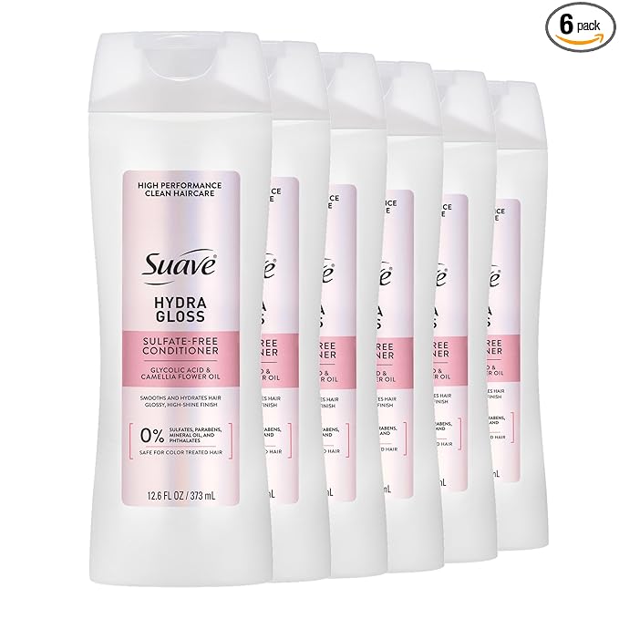 Suave Hydra Gloss Sulfate Free Conditioner with Glycolic Acid & Camellia Flower Oil for Hydrated, Smooth, Glossy Shine, 6 Count, 12.6 FL OZ