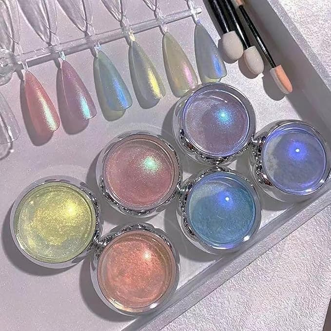 6 Colors Mermaid Chrome Nail Powder, Aurora Iridescent Pearl Art, Mirror Effect Pigment for Gel Polish, Glitter, Supplies for Women, Decoration, Design