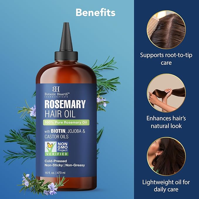 Botanic Hearth Hair Oil for Hair Growth | Rosemary Oil for Hair Growth with Biotin, Castor & Jojoba | Hair Relaxers & Dry Scalp Treatment | Color Safe | All Hair Types | 16 Fl Oz