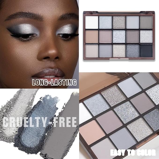 CAKAILA Smokey Black Eye Shadow Makeup Palette,15 Colors Gray Silver Dark Shimmer Matte Makeup Pallet,Long Lasting Waterproof Blendable for Daily and Halloween,Vegan,Cruelty -free