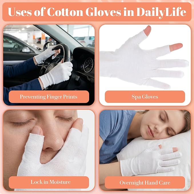 4 Pairs Cotton Gloves for Dry Hands Sleeping, Fingerless Moisturizing Gloves, White Cotton Eczema Glove for Overnight Lotion Treatment, Touchscreen Design