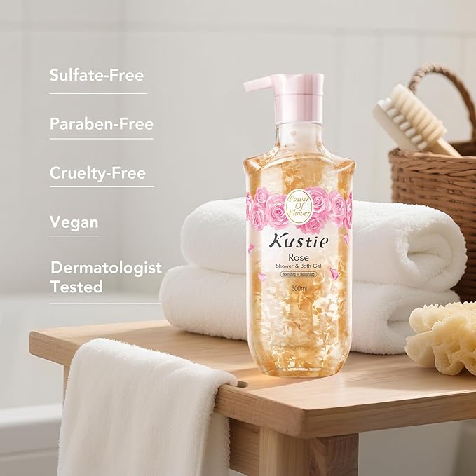 Kustie Rose Body Wash for Women – Moisturizing Shower Gel with Real Petals, Bulgarian Oil & Argan Oil – Hydrating Natural Cleanser for Sensitive Skin – 16.9 fl oz Pump