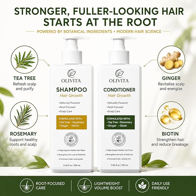 OLIVITA Hair Growth Shampoo and Conditioner Set for Thinning Hair — Biotin & Rosemary Thickening Formula for Fuller, Thicker-Looking Hair — Sulfate-Free Volumizing Hair Care for Women & Men