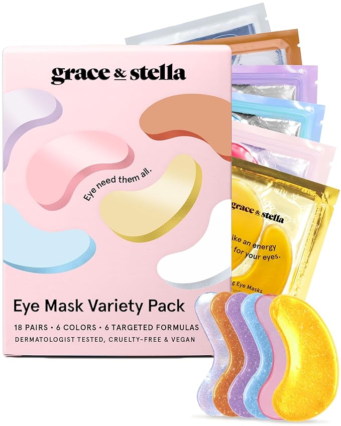 grace & stella Under Eye Mask Variety Pack - 18 Pairs of Under Eye Patches for Dark Circles - With 6 Colors (3 Pairs/Color) - Gift Basket for Women - Gel Masks Puffy Eyes for Women, Vegan