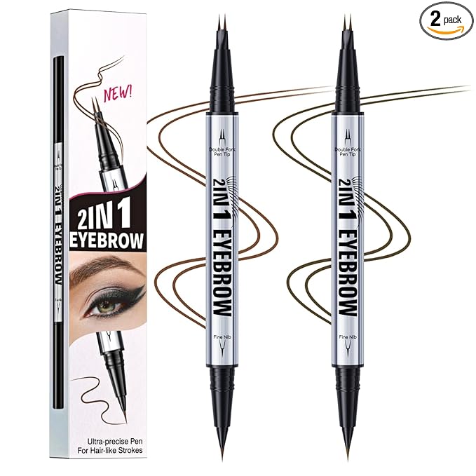 2 Pack Hair Like Eyebrow Pen Set, Long-Lasting Microblading Eye Brow Pencil for Natural Brows, 2-IN-1 Beginners & Daily Use Eyebrow Pencils for Women, Waterproof & Smudge-Proof Brow Tint