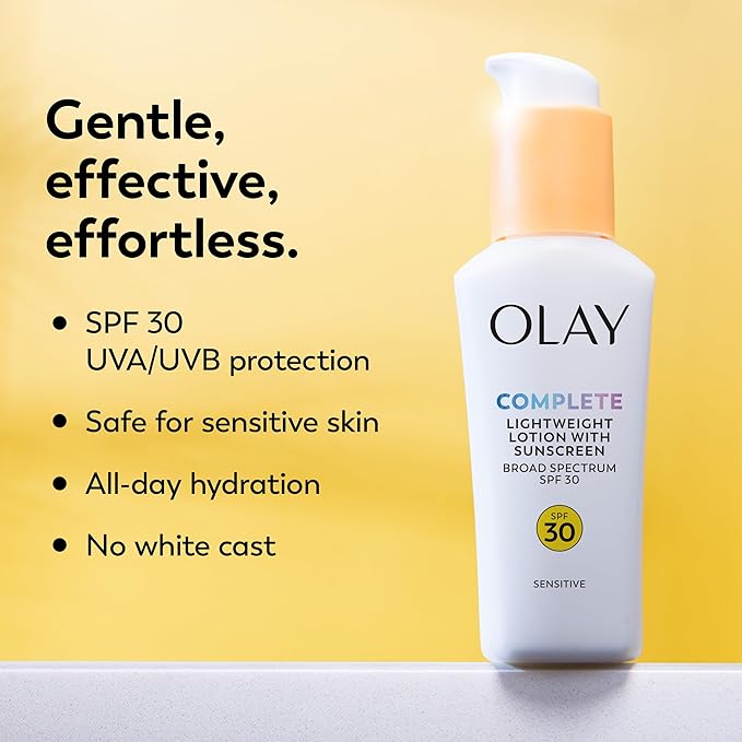 Olay Face Moisturizer,Complete with Sunscreen SPF 30,Fragrance-Free for Sensistive Skin,Broad Spectrum Sun Protection, Long-Lasting Hydration, Non-Comedogenic - Vitamin E & Aloe - 2.5 Oz - (Pack of 4)