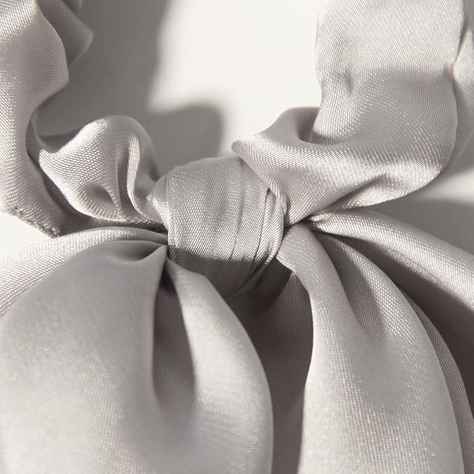 LFOUVRE Pack of 2 Knotted Bow Hair Scrunchies, 3 inch Diameter, 11.5 inch Hair Ribbon, Silky Satin Hair Scarf Hair Ties Bands, Hair Accessories for Women and Girls(Gray)