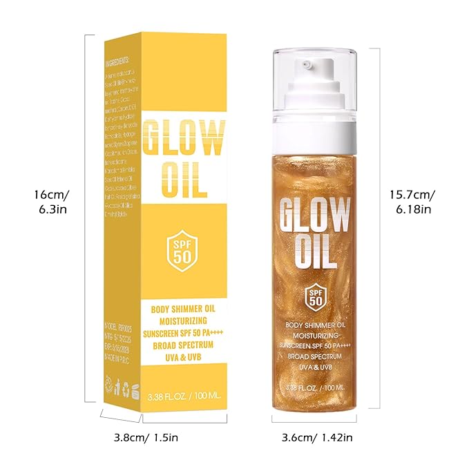 Sunscreen Body Glow Oil【SPF 50】【Lightweight】【Natural Ingredient】Shimmer Broad Spectrum Shimmer Sunscreen For Face and Body, AMBER