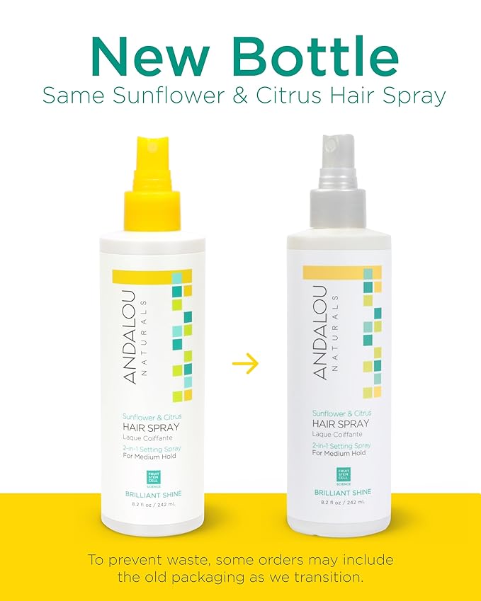 Andalou Naturals Sunflower & Citrus Brilliant Shine Hair Spray | Styling for Shine & Medium Hold | Aloe Vera for Frizz Control | Natural & Cruelty Free | 8.2 fl oz