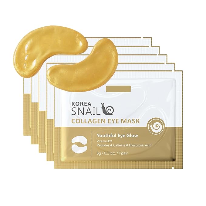 5 Pairs Snail Collagen Eye Mask, Under Eye Patches Collagen Pads with Peptides & Hyaluronic Acid, Hydrating & Smoothing, Reduces Puffiness Dark Circles & Fine Lines, Radiance Skin