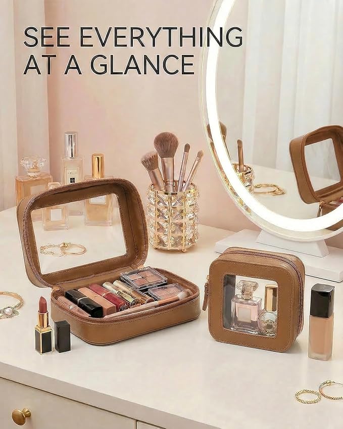 LETGO Clear Makeup Bag Organizer Set, Travel Toiletry Bag Cosmetic Case for Women, Portable Make up Skincare Pouch Car Organizer Bag with Zippers for Essentials (2Pack-Standard & Square, Brown)
