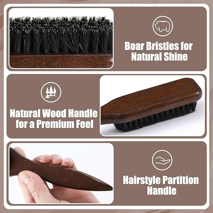 6 Pcs Boar Bristle Slick Back Hair Brush with Edge Brush Rat Tail Comb and Wide Tooth Comb, Hair Styling Comb for Men Women