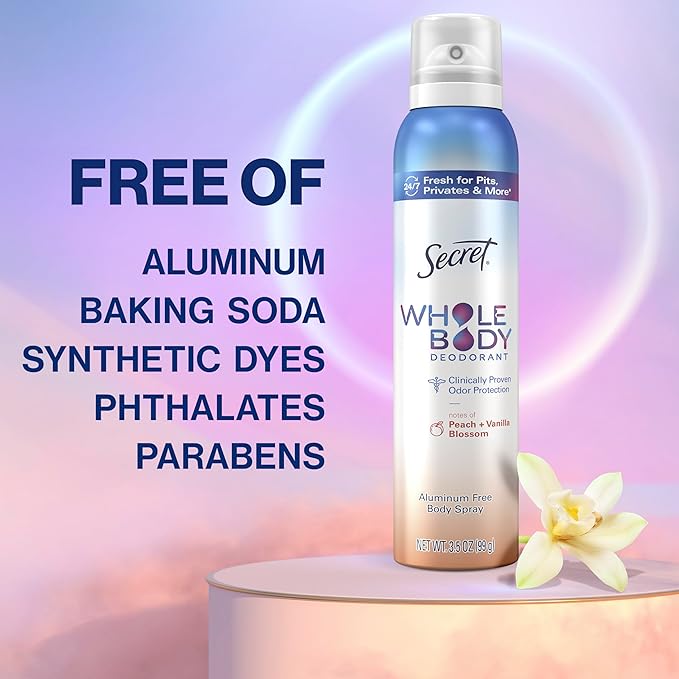 Secret Whole Body Deodorant Spray for Women, Travel Size, Peach & Vanilla Blossom Scent, Aluminum Free Deodorant, 72 HR Odor Protection, 1.0 oz