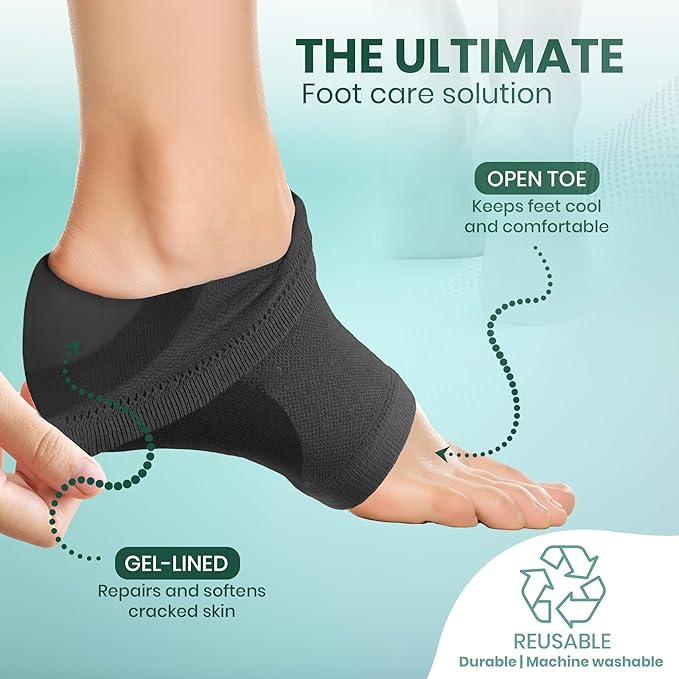 Moisturizing Heel Socks for Cracked Heels - Gel Socks for Dry Cracked Feet Repair - Silicone Socks for Women’s Foot Treatment & Overnight Hydration (Black/Grey/Beige, 3-Pair)