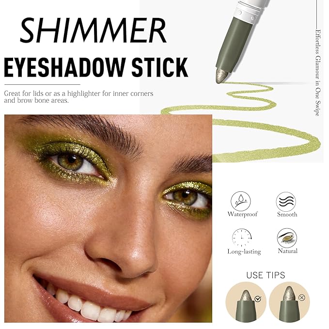 Golden Olive Shimmer Eyeshadow Stick, Cream Eye Shadow Stick Waterproof Long Lasting Multi-Use Eyeliner Pencil, Smooth Blendable High Pigmented Eye Crayon Defines & Lines Eyes for Bold Looks