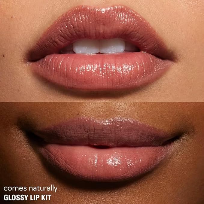 KYLIE Glossy Lip Kit contoured shades + glossy finish | Color Comes Naturally, a Soft Pink Nude - 2 piece Liner and Glaze Set 0.04oz Crayon | 0.10 fl oz Gloss