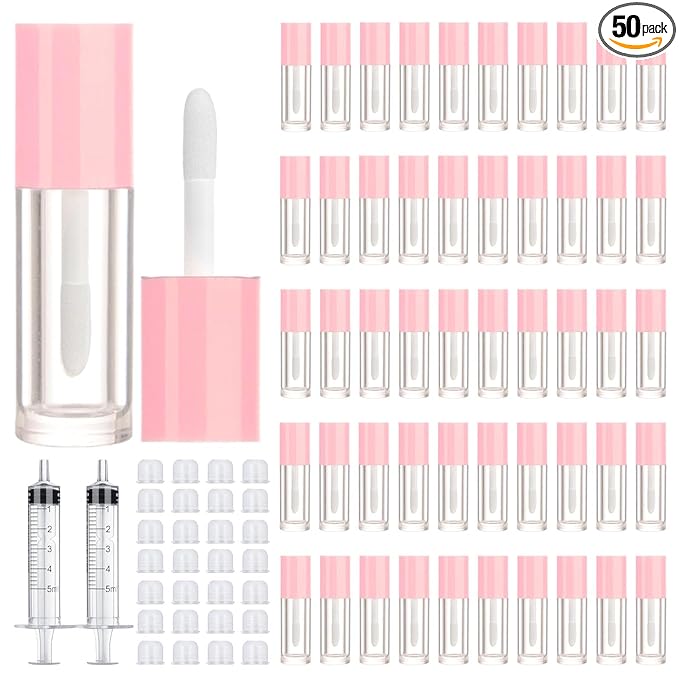 50pcs 2.5ml Empty Lip Gloss Containers Lip Gloss Tubes with Wand Cute 0.08oz Clear Refillable Lipgloss Making Supplies Kit for DIY Makeup + 2pcs Syringes (Pink)