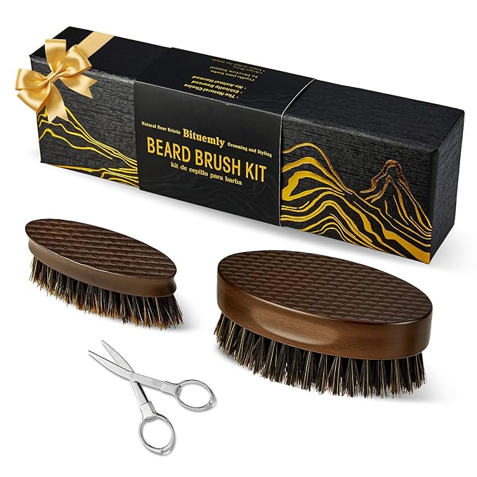 Bituemly Beard Brush for Men, Travel Pocket Mustache Brushes Grooming Kit with Natural Boar Bristle and Sapele Wood, Folding Scissors & Pouch, Facial Hair Brush Detangles & Shine, Stocking Stuffers