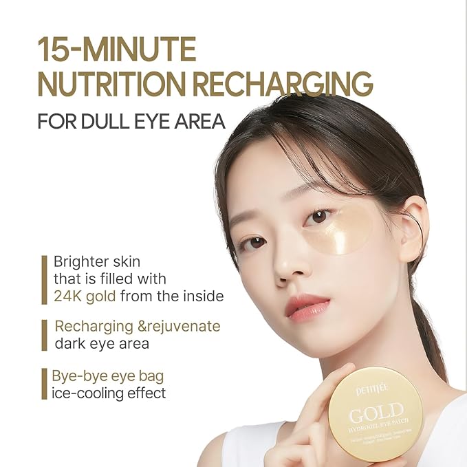 Petitfee Gold Hydrogel Eye Patch 60ea (30pairs) - 24k Gold Eye Mask for Moisturizing, Glowy Skin, Hydrating, Skin Elasticity, Youthful Complexion, Ginseng, Collagen