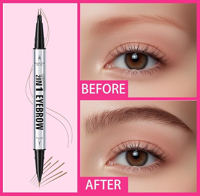 Eyebrow Pen, Waterproof 2-in-1 Dual-Ended Microblading Eyebrow Pencil Upgraded Eye Brow Pen with 2 Fork Tip for Natural-Looking Hair-Like Defined Brows, Last All-Day (Light Brown)